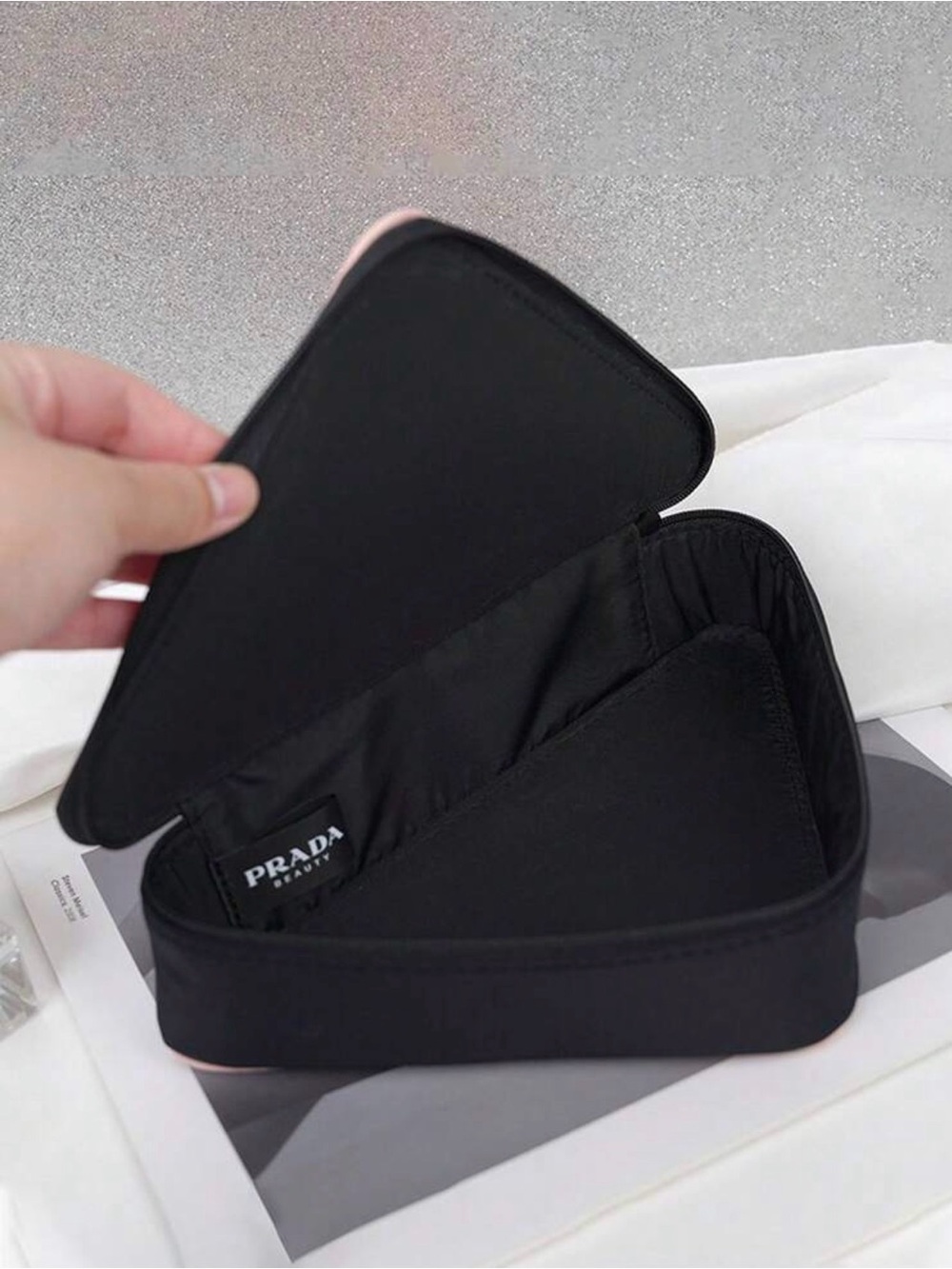 New Arrivals! Prada Beauty Pale Pink & Black Triangular Cosmetic Case . - Picture 3 of 10